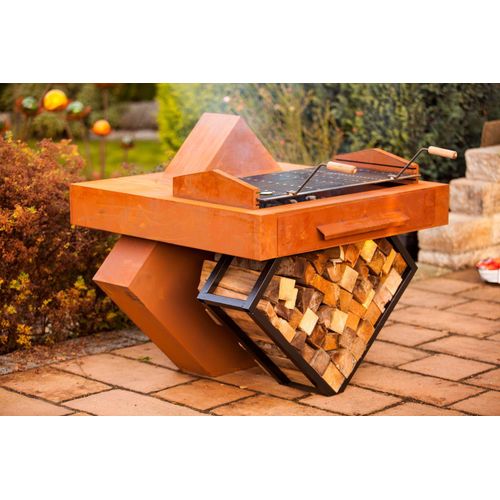 Grill Geometrie - Grillstelle Edelrost mit Holzlege Holzkohlegrill Garten