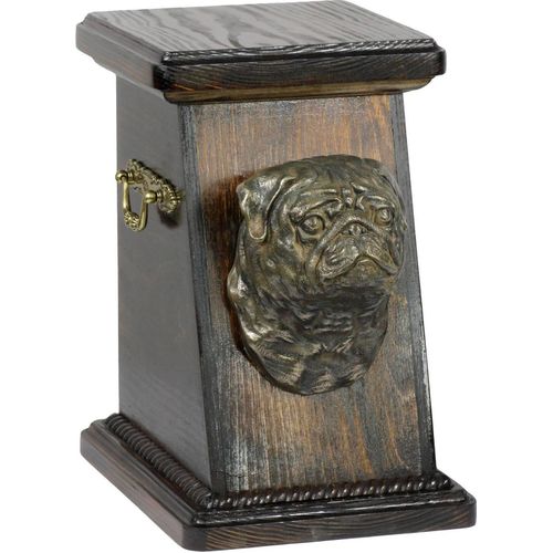 Mops, Pug, Carlin, Carlino, Doguillo eine Ascheurne für Hunde, eine elegante Urne mit einer Statue, eine Gedenkurne mit dem Porträt eines Hundes von der Marke Art-Dog