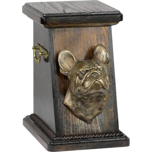 Französische Bulldogge eine Ascheurne für Hunde, eine elegante Urne mit einer Statue, eine Gedenkurne mit dem Porträt eines Hundes von der Marke Art-Dog