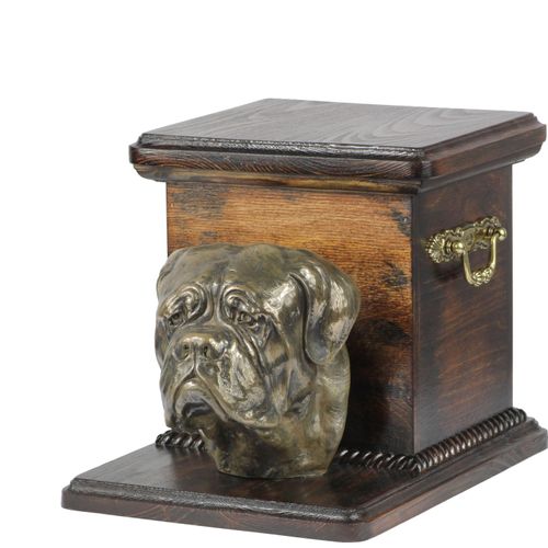 Bordeauxdogge, Dogue de Bordeaux - Eine Urne für die Asche eines Hundes mit einer Statuette, eine elegante Urne für einen Hund, eine außergewöhnliche Urne mit dem Porträt eines Hundes von der Marke Ar