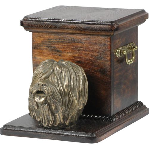 Polnischer Niederungshütehund, PON - Eine Urne für die Asche eines Hundes mit einer Statuette, eine elegante Urne für einen Hund, eine außergewöhnliche Urne mit dem Porträt eines Hundes von der Marke