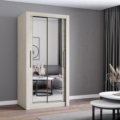 Kleiderschrank Schwebetürenschrank Schrank 100cm Sonoma/Sonoma mit zwei Spiegeln MILAN