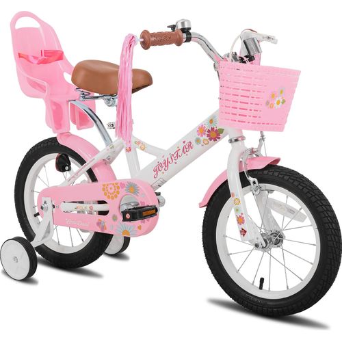HILAND Joystar 16 Zoll Kinderfahrrad mit Stützrädern, Puppenfahrradsitz, Luftschlangen, Korb, Klingel, DIY-Aufklebern, Schutzblechen, für Mädchen,Weiß