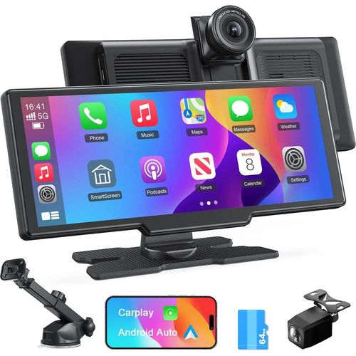 Wireless Apple Carplay & Android Auto Stereo Empfänger mit 4K Dashcam Vorne, 1080P Rückfahrkamera,9,26-Zoll Touchscreen Drahtlosem Carplay