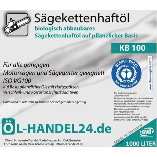 Kettenöl 1000 Liter IBC KB 100 Sägekettenhaftöl Sägekettenöl Motorsägenöl Blauer Engel