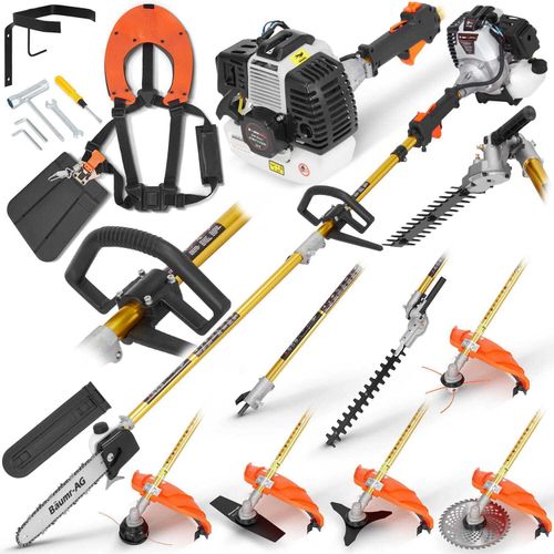 Gartengerät 7in1 Set Benzin Freischneider Rasenmäher 5,2 PS Motorsense Rasentrimmer Hochentaster Heckenschere Kettensäge | Perfekt für die Rasenpflege