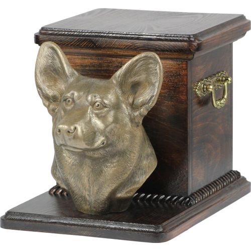 Pembroke Welsh Corgi - Eine Urne für die Asche eines Hundes mit einer Statuette, eine elegante Urne für einen Hund, eine außergewöhnliche Urne mit dem Porträt eines Hundes von der Marke Art-Dog.