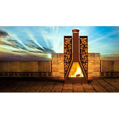Feuerstelle Kaminofen - Twin aus Metall im Edelrost Design mit Holzlege