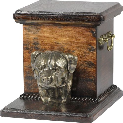 Rottweiler - Eine Urne für die Asche eines Hundes mit einer Statuette, eine elegante Urne für einen Hund, eine außergewöhnliche Urne mit dem Porträt eines Hundes von der Marke Art-Dog.