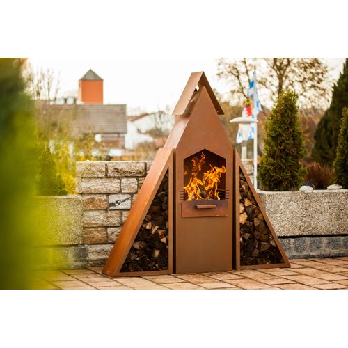 Grill Holzkohlegrill XL Pyramidengrill mit Holzlege aus Metall in Edelrost