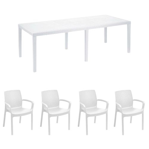 Tisch und StÃ1/4hle Manarola, ausziehbares rechteckiges Außenregal mit 4 StÃ1/4hlen inklusive, Gartentisch und Sitze in Rattanoptik, 100 % Italy, Weiß