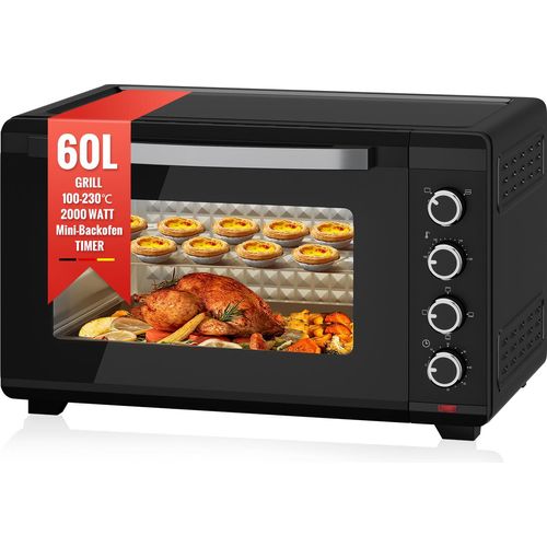 HOMELUX Minibackofen 60 Liter 2000W Pizza-Ofen, Mini Backofen mit Hähnchengrill, Ober-/Unterhitze, 60 Min Timer, 100°-230°C, Mini Oven Schwarz