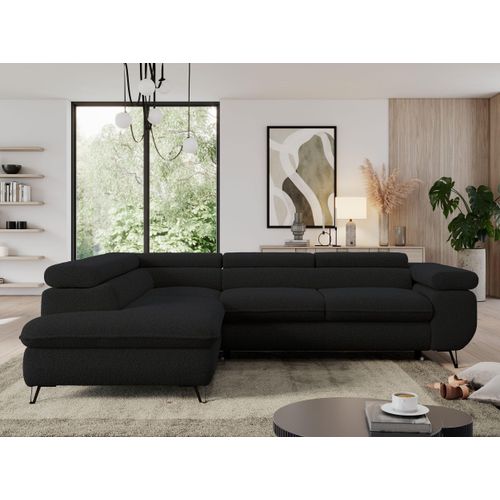Couch mit Schlaffunktion, L-form Ecksofa, Wohnzimmersofa, mit Einstellbare Kopfstützen - PEDRO L - Boucle - Schwarz - Links