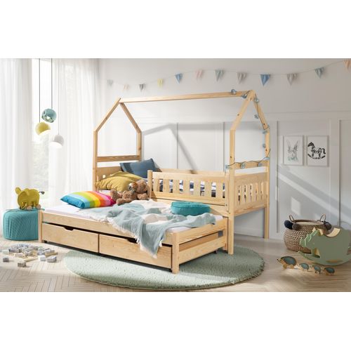 KEF BLANKA Kinderbett 90x190 cm - Doppelbett mit Schubladen - Hausbett aus Holz - Babybett mit Zwei Matratzen - Naturbelassen