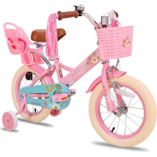 HILAND Joystar 16 Zoll Kinderfahrrad mit Stützrädern, Puppenfahrradsitz, Luftschlangen, Korb, Klingel, DIY-Aufklebern, Schutzblechen, für Mädchen,Rosa