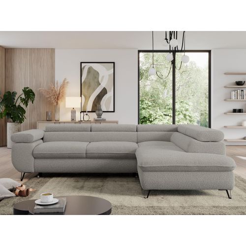 Couch mit Schlaffunktion, L-form Ecksofa, Wohnzimmersofa, mit Einstellbare Kopfstützen - PEDRO L - Boucle - Hellgrau - Rechts