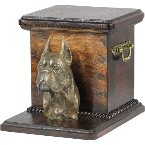 Boxer, Deutscher Boxer - Eine Urne für die Asche eines Hundes mit einer Statuette, eine elegante Urne für einen Hund, eine außergewöhnliche Urne mit dem Porträt eines Hundes von der Marke Art-Dog.