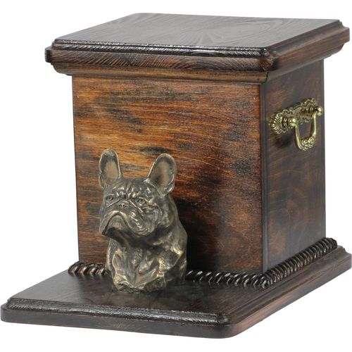 Französische Bulldogge - Eine Urne für die Asche eines Hundes mit einer Statuette, eine elegante Urne für einen Hund, eine außergewöhnliche Urne mit dem Porträt eines Hundes von der Marke Art-Dog.