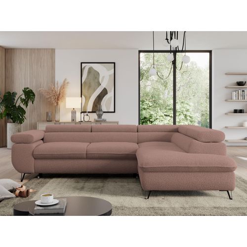 Couch mit Schlaffunktion, L-form Ecksofa, Wohnzimmersofa, mit Einstellbare Kopfstützen - PEDRO L - Boucle - Rosa - Rechts