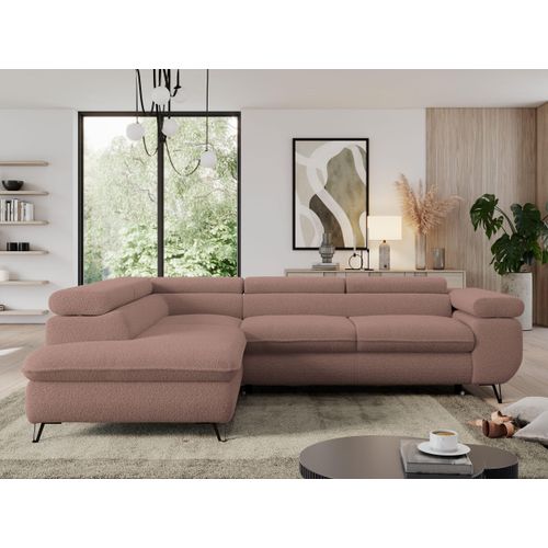 Couch mit Schlaffunktion, L-form Ecksofa, Wohnzimmersofa, mit Einstellbare Kopfstützen - PEDRO L - Boucle - Rosa - Links