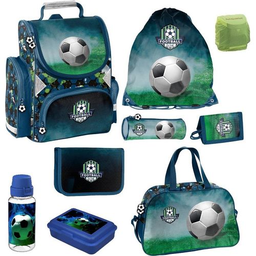 Fußball Schulranzen Set 1. Klasse für Jungen und Mädchen 9-teilig mit Dose, Flasche und Sporttasche