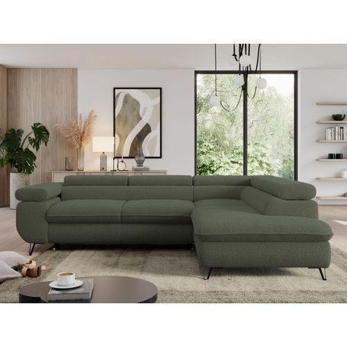 Couch mit Schlaffunktion, L-form Ecksofa, Wohnzimmersofa, mit Einstellbare Kopfstützen - PEDRO L - Boucle - Grün - Rechts