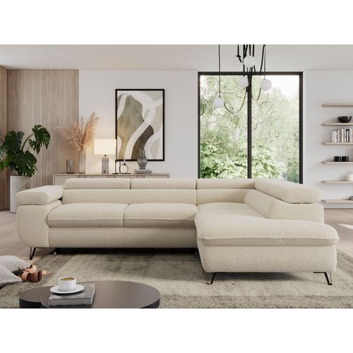 Couch mit Schlaffunktion, L-form Ecksofa, Wohnzimmersofa, mit Einstellbare Kopfstützen - PEDRO L - Boucle - Beige - Rechts