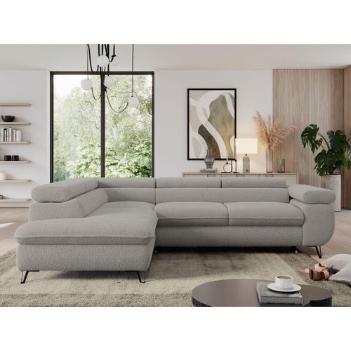Couch mit Schlaffunktion, L-form Ecksofa, Wohnzimmersofa, mit Einstellbare Kopfstützen - PEDRO L - Boucle - Hellgrau - Links