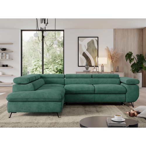 Couch, L-förmig ecksofa, mit Schlaffunktion und Verstellbare Kopfstützen, Bettkasten - PEDRO L - Struktur - Grün - Links