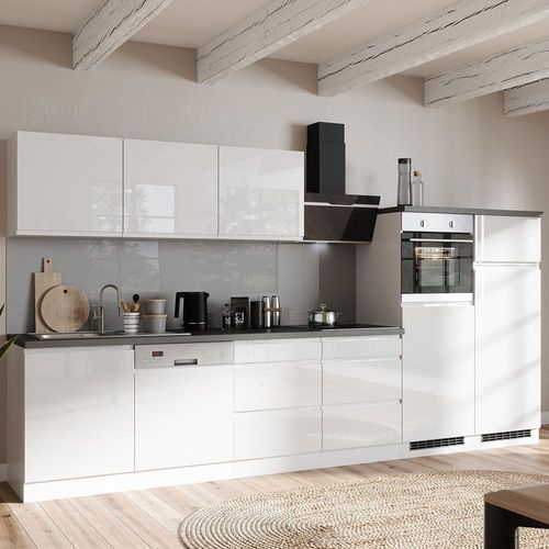 Küchenzeile 360 cm, inkl. E-Geräte, in Hochglanz weiß, Arbeitsplatte Betonoptik MARSEILLE-03