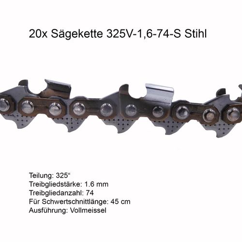 20 Stück Stihl RSC Sägekette 325 1.6 mm 74 TG Vollmeissel