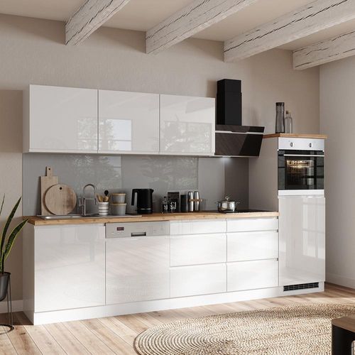 Küchenzeile 300 cm, inkl. E-Geräte, in Hochglanz weiß, Arbeitsplatte Eiche MARSEILLE-03