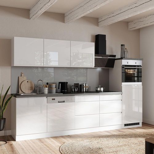 Küchenzeile 300 cm, inkl. E-Geräte, in Hochglanz weiß, Arbeitsplatte Betonoptik MARSEILLE-03
