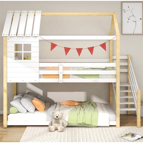 Etagenbett Kinderbett mit Ecktreppe, Hausbett Fallschutz und Gitter, mit Fenster, Rahmen aus Kiefer, weiß+natur (200x90cm)