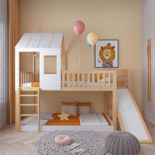 Etagenbett Kinderbett mit rechtwinkliger Leiter und Rutsche, 90x200, Hausbett mit Dach und Fenster, Rahmen aus Kiefer
