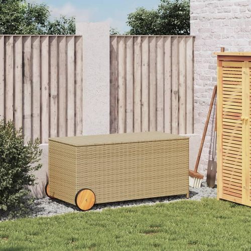 Beige Gartentruhe mit Rollen 190L Poly Rattan