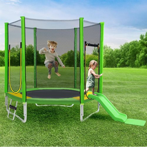 Outdoor Gartentrampolin,Kindertrampolinm,den GS- und TÜV-Test bestanden,UV-beständig,mit Leiter,gepolsterten Stangen,rutschen,Sicherheitsnetz