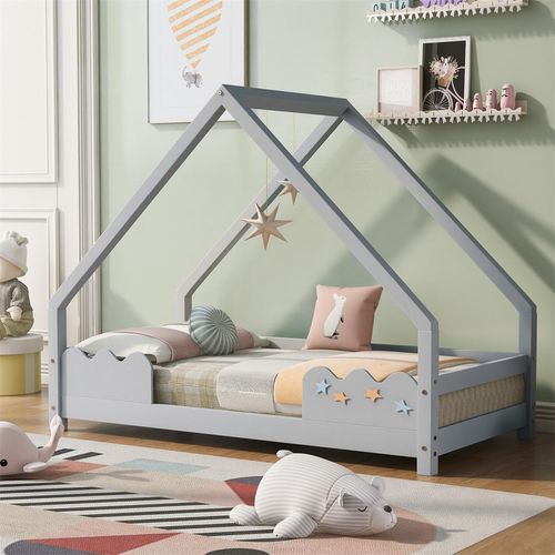 Kinderbett Hausbett Kinderbett 80x160cm mit Rausfallschutz Spielbett, Jugendbett Massivholz