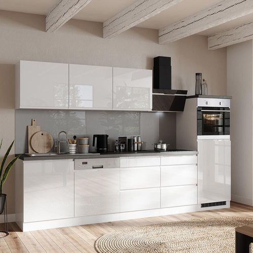 Küchenzeile 300 cm, inkl. E-Geräte, in Hochglanz weiß, Arbeitsplatte Betonoptik MARSEILLE-03