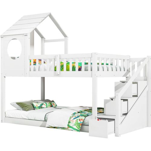 Baumhaus Kinderbett(Weiss)Doppelbett,Kinderbett in Hausform, Ins und aus dem Bett kommen,Leiterschrank, Kiefernholz Haus Bett for Kids
