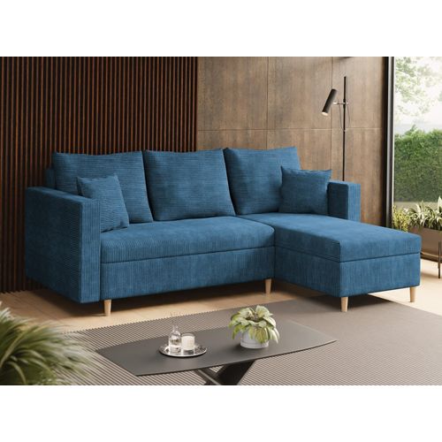 SALES LEADER Ecksofa BERLIN 230x145 cm mit schlaffunktion, mit Bettkasten, universelle Seite, Moderner Stoff POSO 5, Dunkelblau