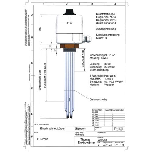 Elektroheizstab, Einschraubheizkörper - 3000 W Sternschaltung