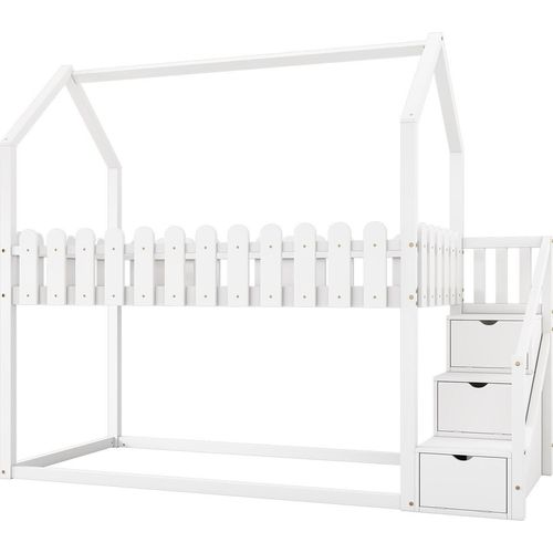 Kinderbett(Weiss)90*200,Etagenbett, mit 3 Treppen, mit 3 Ablagefächer, mit Zaundekor, massivholz, Ohne Matratze