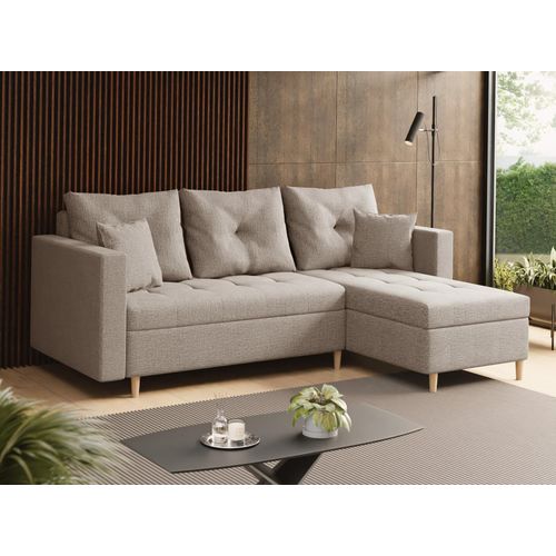 SALES LEADER Ecksofa BERLIN 230x145 cm mit schlaffunktion, mit Bettkasten, universelle Seite, Moderner Stoff HUGO 12D, Beige