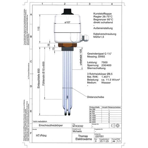 Elektroheizstab, Einschraubheizkörper - 7500 W Sternschaltung