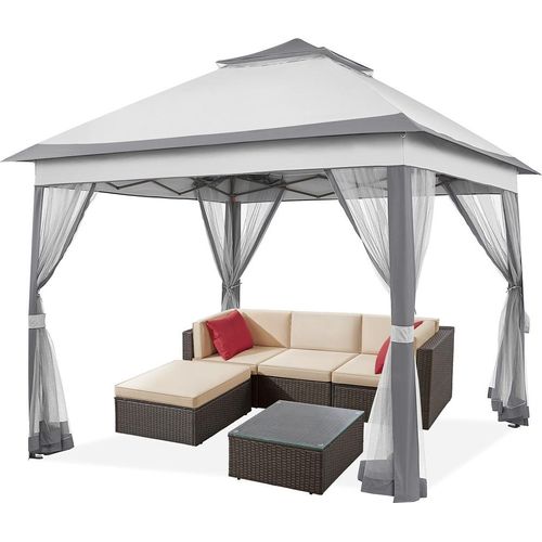 Yaheetech Gartenpavillon 3,3 x 3,3 m Pop Up Gartenlaube Doppeldach Stabil Wasserdicht höhenverstellbar Pavillon mit 4 Netzwänden, Hinterhof-Pavillon