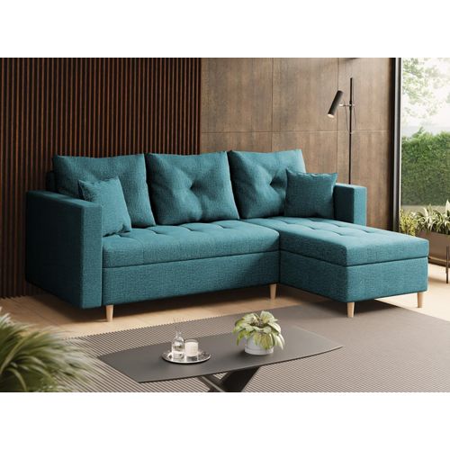 SALES LEADER Ecksofa BERLIN 230x145 cm mit schlaffunktion, mit Bettkasten, universelle Seite, Moderner Stoff HUGO 87D, Türkis