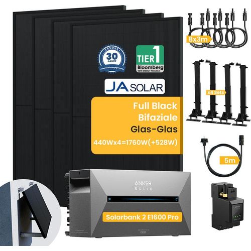 Balkonkraftwerk mit Speicher Anker Solarbank 2 E1600Pro mit JaSolar 1760W Bifaziale Solarmodule und Smarten Zähler mit 4 Sets Halterung für Flachdach
