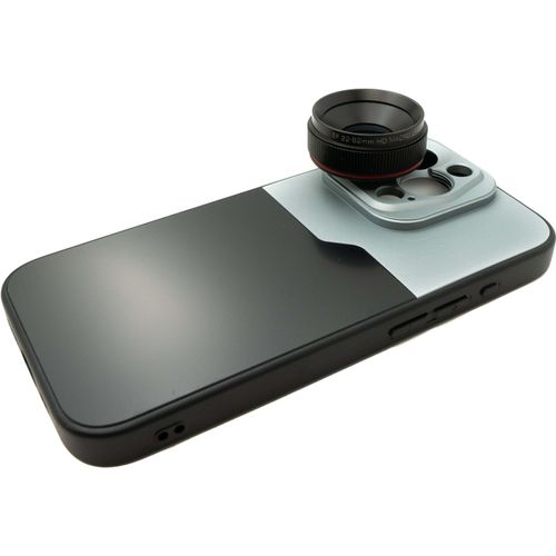 SYSTEM-S Makro Linse 1.1x bis 2.8x Filter 37 mm mit Hülle für iPhone 15 Pro in Schwarz Grau