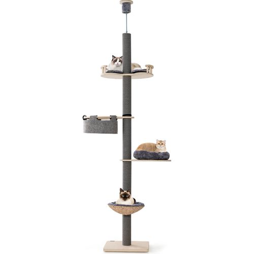 GOPLUS Deckenhoher Kratzbaum, Katzenbaum mit Einstellbarer Höhe 236–272 cm, 5-stufiger Katzenkratzbaum für Katzen mit Kratzpfosten, Sprungbrett, Korbbett & Hängematte, Grau